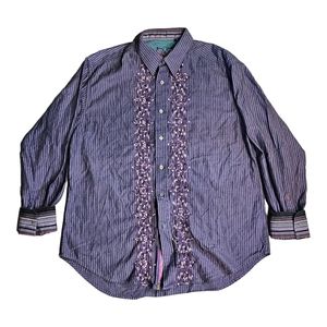 Robert Graham Mens XL Striped Button Front Shirt Purple Embroidered Floral‎